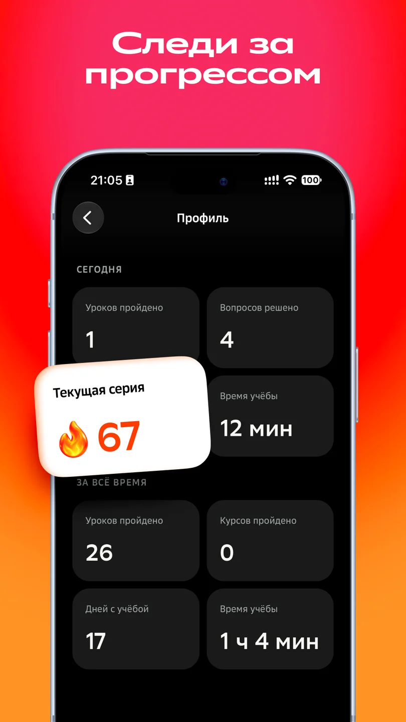 Профиль Зубра: серия дней, пройденные уроки и статистика обучения.